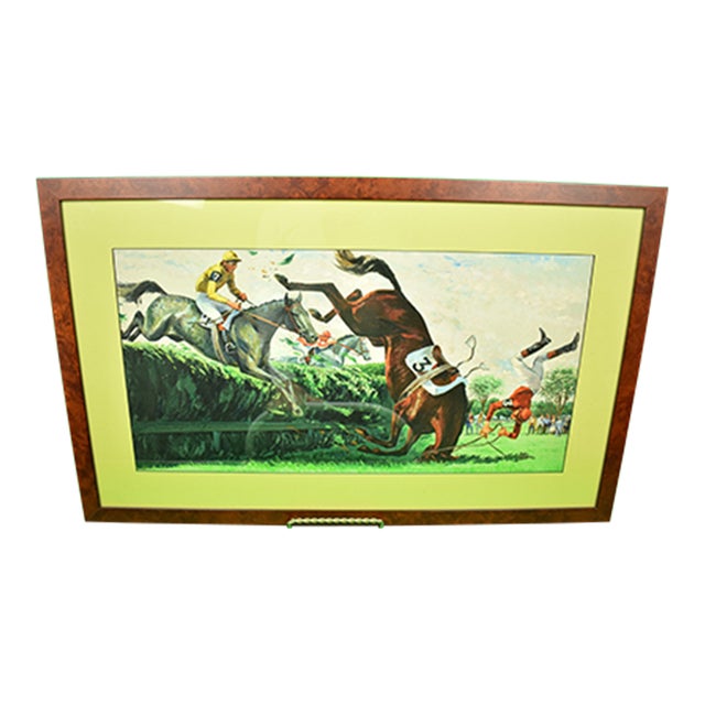 Mid 20th Century Three Steeplechase Jockeys Timber Jumping Acrylic Painting For Sale