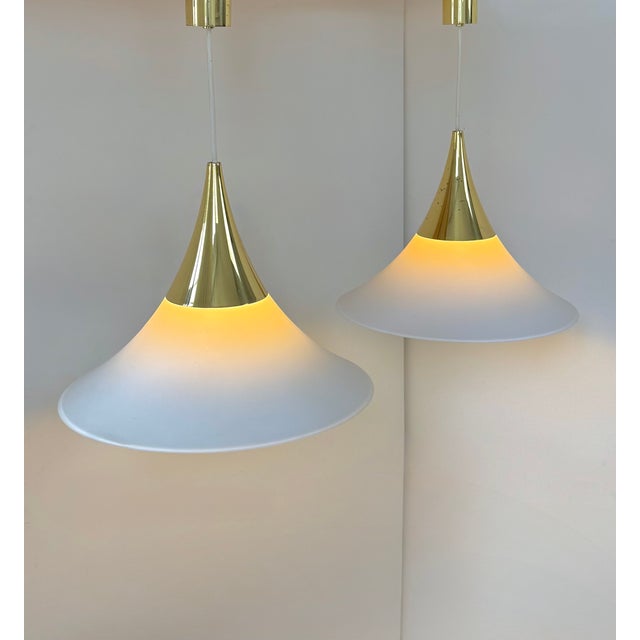 Metal Pendant Lights in Brass and Opaline Glass from Limburg, Germany, 1970, Set of 2 For Sale - Image 7 of 8