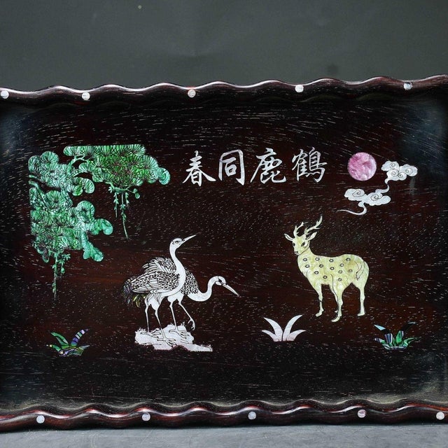 Scalloped Wooden Tray With Mother-of-Pearl Deer and Crane Inlay For Sale - Image 4 of 8