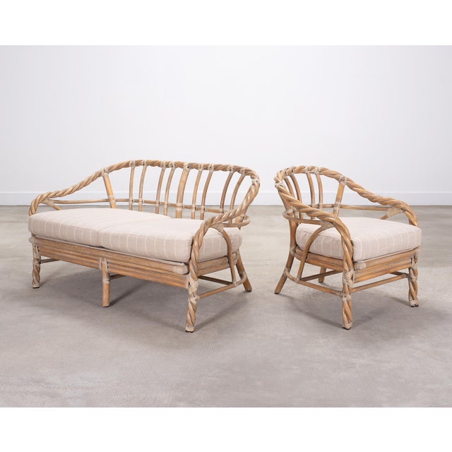 Pair of McGuire Organic Modern Cerused Twisted Rattan Settee and Lounge Chair For Sale In Sacramento - Image 6 of 18