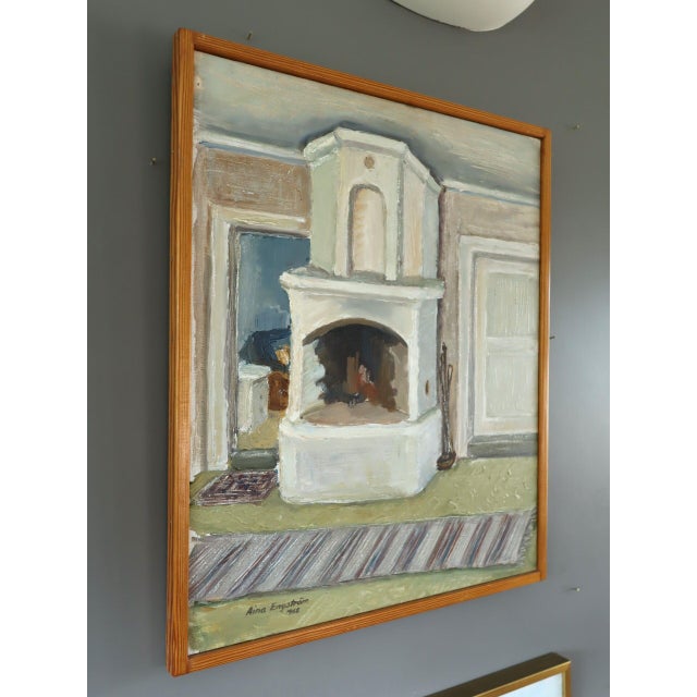 1968 Mid-Century Modern 'The Fireplace' Vintage Swedish Expressive Interior Oil Painting, Framed For Sale - Image 4 of 13