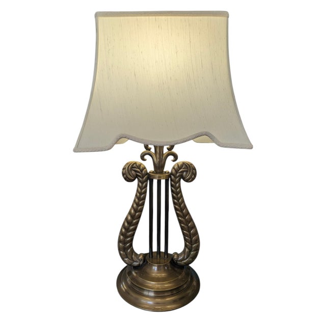 Hollywood Regency Vintage Chelsea House Neoclassical Lyre Table Lamp With Lamp Shade For Sale - Image 3 of 18