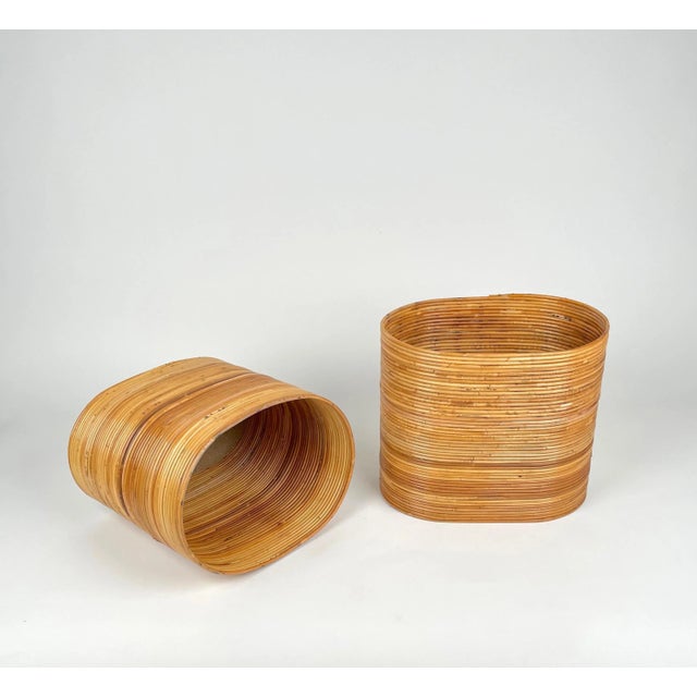 Mid-Century Oval Rattan and Bamboo Basket Plant Holders or Vases, Italy, 1960s, Set of 2 For Sale - Image 9 of 14