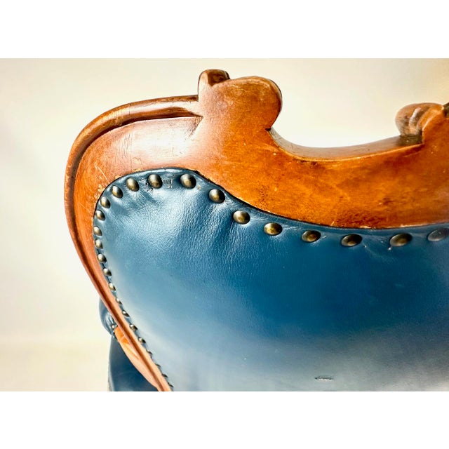 Antique French Armchair in Walnut and Blue Leather, 1890s For Sale - Image 13 of 18