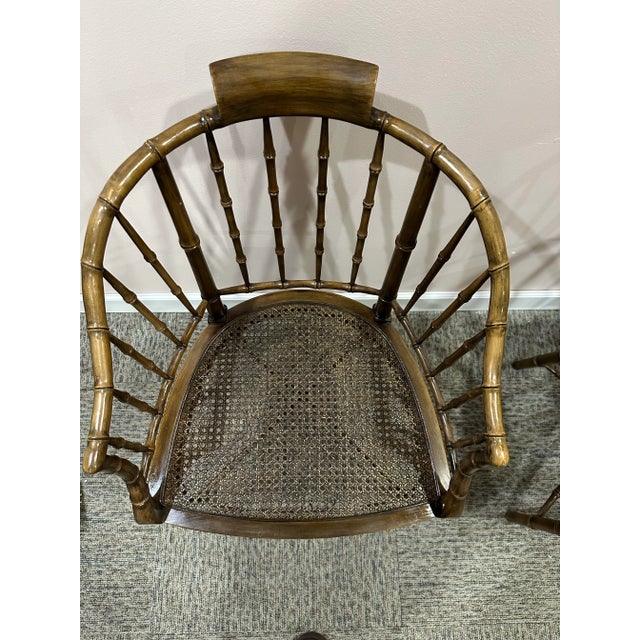 Baker Furniture Company 1970’s Baker Furniture Regency Faux Bamboo Wood Chairs Pair For Sale - Image 4 of 8