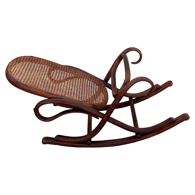 1900 - 1909 Antique Vienna Secession Dark Bent Oak & Cane Rocking Foot Stool Attributed to Thonet No.7001 For Sale - Image 5 of 8