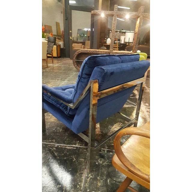 1970s Vintage 1970s Chrome Blue Velvet Lounge Chair in the Style of Cy Mann Milo Baughman For Sale - Image 5 of 10