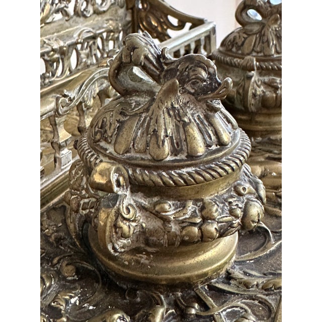 Antique Cast Brass Double Inkwell With Letter Holder – Ornate Baroque French Louis XIV Style, 10+ LBS For Sale - Image 4 of 13