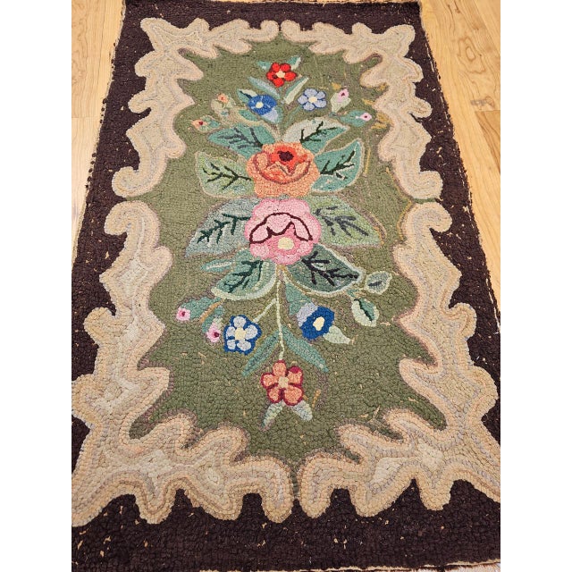 Vintage Hand-Hooked Rug, Banded Floral Pattern, Wool & Cotton, American Folk Art, 2x3 For Sale In Chicago - Image 6 of 15