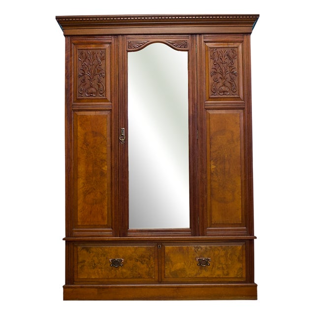 Antique Victorian Walnut Wardrobe or Hall Cupboard, 1890s For Sale