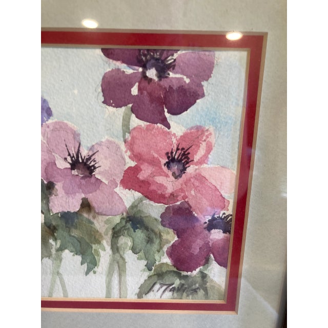 Paint Late 20th Century Vintage Watercolor Floral Print in Wood Frame – Signed Artwork For Sale - Image 7 of 10