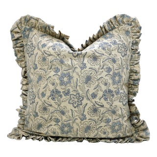 Boho Floral Block Print Frill Pillow Cover Handmade Artisan Decorative Throw 14x14 Inch Jarul For Sale