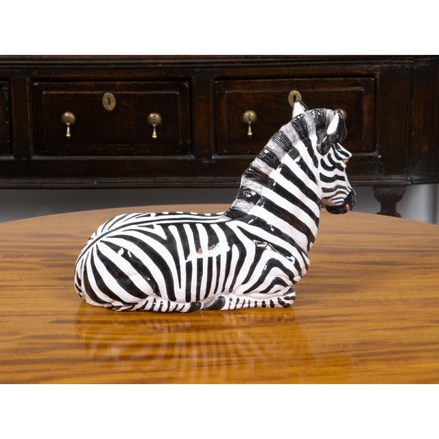 Mid 20th Century Italian Painted Terracotta Statue of a Brown Eyed Zebra Resting on the Ground For Sale - Image 4 of 9