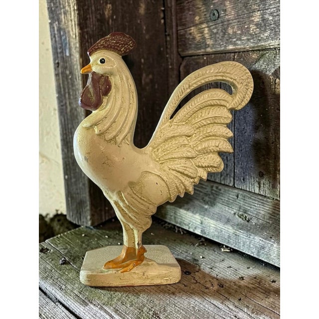 Early 20th Century Early 1900's Cast Iron Rooster Door Stop With Original Paint and Rubber Bottom, Fully Intact For Sale - Image 5 of 6