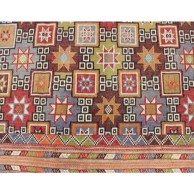 Mid 20th Century Colorful Vintage Kilim Embroidered Jajeem With Star Design in Green, Blue & Red For Sale - Image 10 of 12
