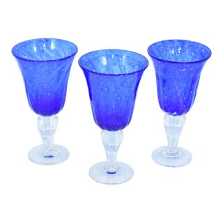 1990s Val De Pome Christophe Saba Biot Seeded Blue Wine/Water Stemware Goblets, France- Set of 3 For Sale