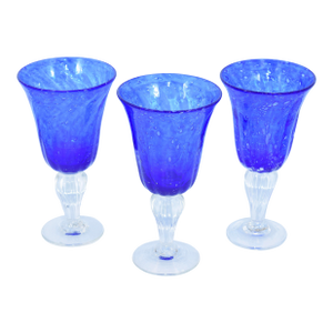 1990s Val De Pome Christophe Saba Biot Seeded Blue Wine/Water Stemware Goblets, France- Set of 3