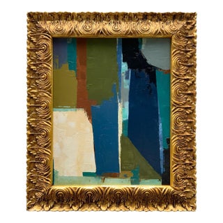 Bold Blue Contemporary Abstract Oil Painting in Vintage Frame For Sale