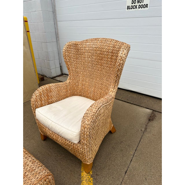 2000 - 2009 Pottery Barn Seagrass Wing Chair and Ottoman For Sale - Image 5 of 9