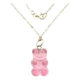 14k Yellow Gold Pink Translucent Resin Gummy Bear Pendant Necklace For Sale