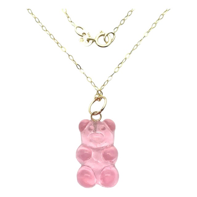 14k Yellow Gold Pink Translucent Resin Gummy Bear Pendant Necklace For Sale