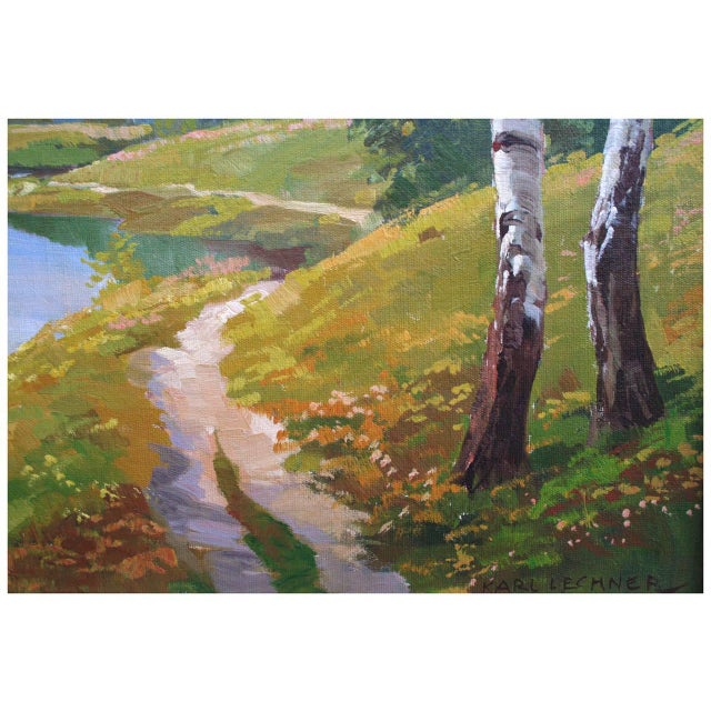 Impressionist Mid Century Serene Lake Oil Paining by Karl Lechner For Sale - Image 3 of 4