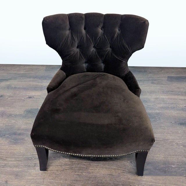 Traditional Pottery Barn Tufted Brown Velvet Lounge Chair For Sale - Image 3 of 8
