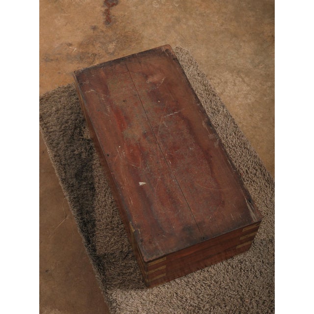 Vintage Brass Bound Campaign Writing Slope Lap Desk With Velvet Interior Storage Compartments Folding Travel Writing Box For Sale - Image 13 of 14