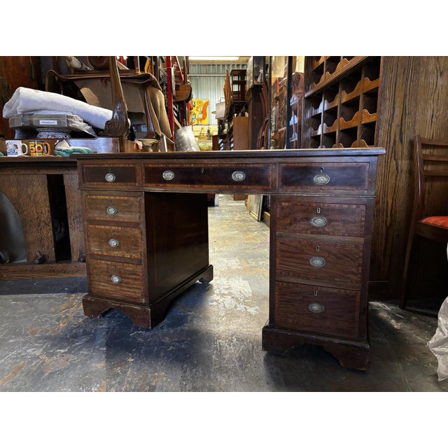 Edwardian Inlaid Mahogany Pedestal Desk with Brown Top For Sale - Image 13 of 18