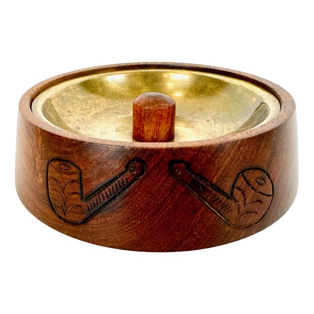 Mid-Century Modern Round Teak and Brass Pipe Ashtray, 1960s For Sale