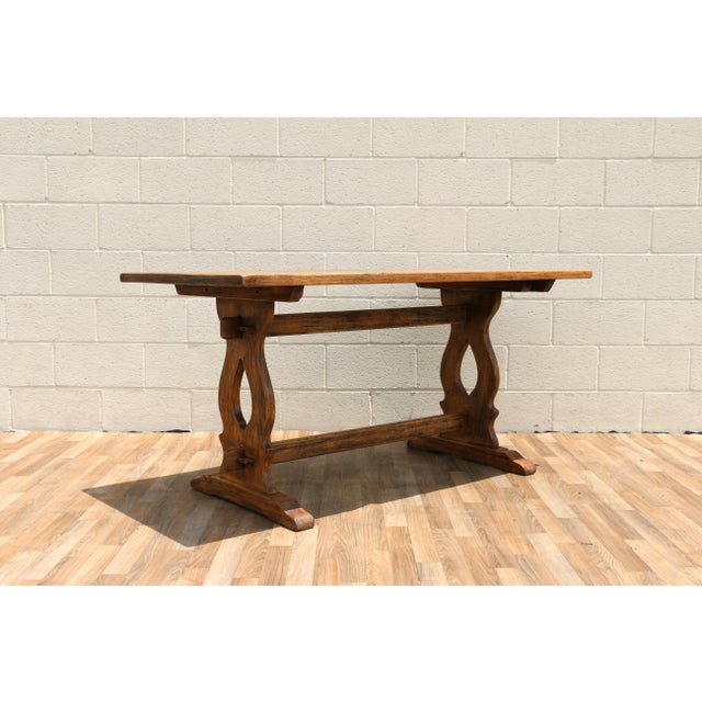 Brown Antique American Oak & Cherry Trestle Dining Table, c.1930s | Rustic Farmhouse Kitchen Table With Solid Wood Construction For Sale - Image 8 of 18