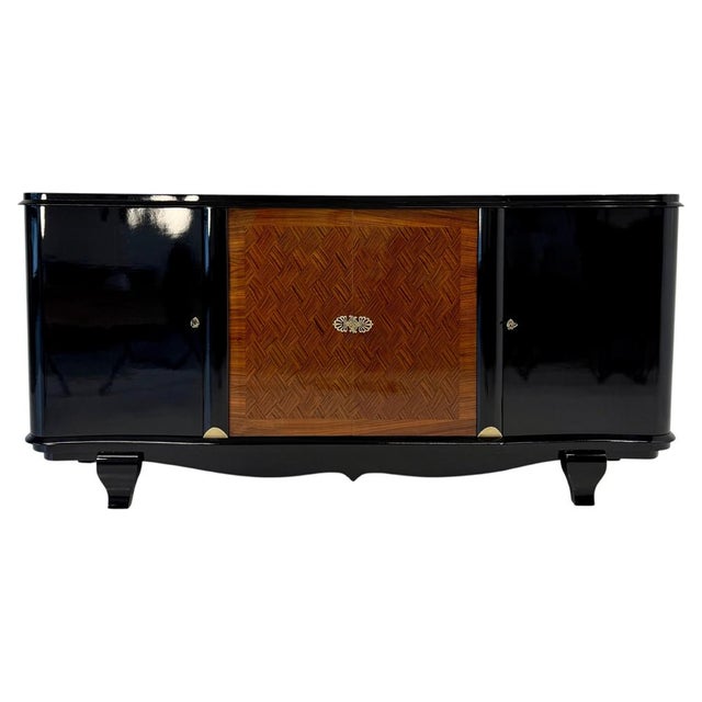 French Art Deco Black Lacquered and Inlaid Walnut Sideboard in the style of Jules Leleu, 1940s For Sale - Image 15 of 15