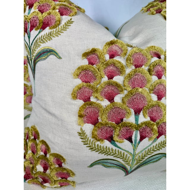 Custom pair of 22: pillows covered in Schumacher "Aurelia Embroidery" in color natural and backed in a coordinating green...