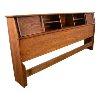 1960s Mid Century Danish Modern Headboard King Bed Frame Walnut Sliding Doors Storage For Sale