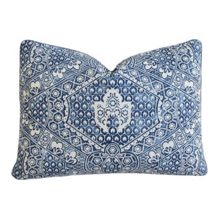 French Designer Blue & White Floral Feather/Down Pillow For Sale