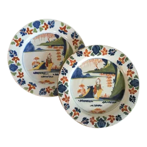 1765 - 1775 English London Delft Polychrome Pottery Plates - A Pair