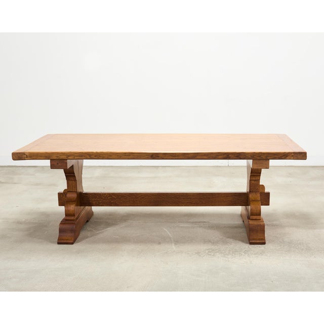 French Provincial Country Oak Trestle Farmhouse Dining Table 7Ft For Sale - Image 17 of 18