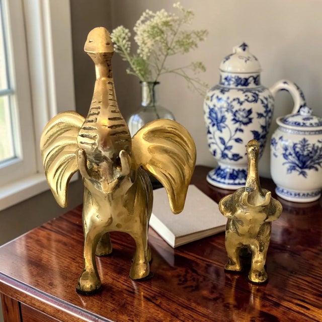 Brass Vintage Solid Brass Elephant Figurines Pair | Mid Century Decor | Hollywood Regency | Grand-Millennial Shelf Decor For Sale - Image 8 of 10