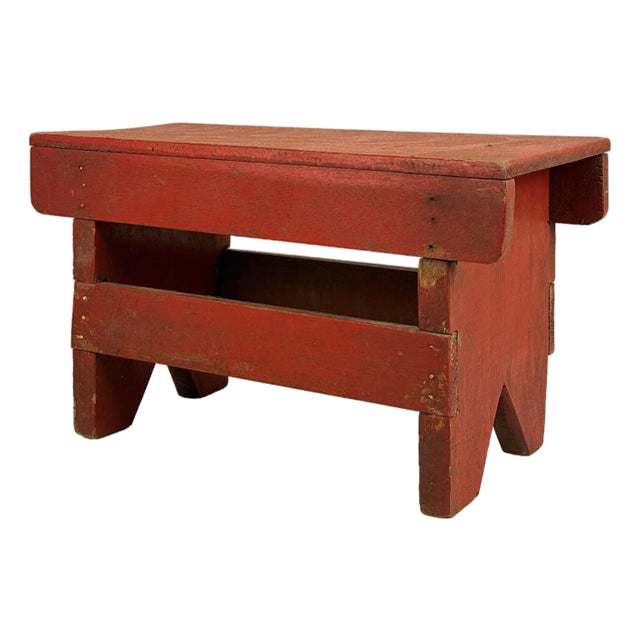 Antique Primitive Farmhouse Red Slatted Milking Stool For Sale