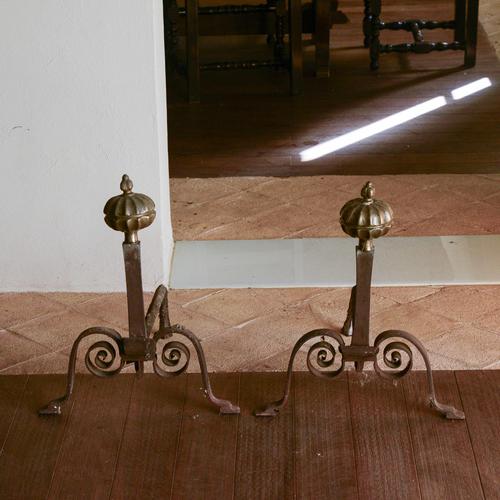 Antique Andirons with Wrought Metal Knobs, Set of 2 For Sale - Image 3 of 9