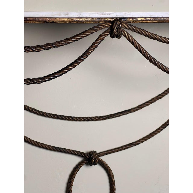 Italian Rope and Tassel Gilt Iron Wall Mount Console Table, Marble Top, 1960s For Sale - Image 10 of 12