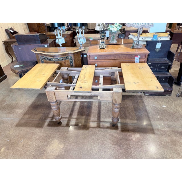 Antique Primitive Pine Farmhouse Extension Table With Concealed Leaves For Sale - Image 4 of 12
