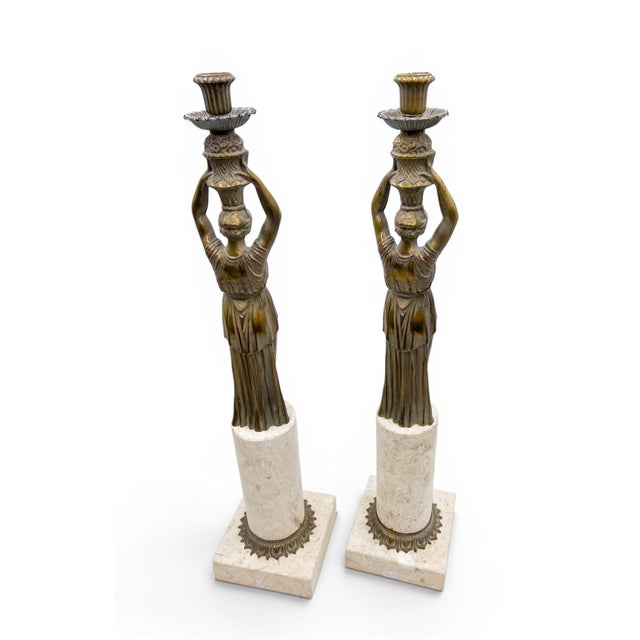 Mid 20th Century Pair of 24-Inch Neoclassical Bronze Caryatid and Limestone Candlesticks For Sale In West Palm - Image 6 of 12