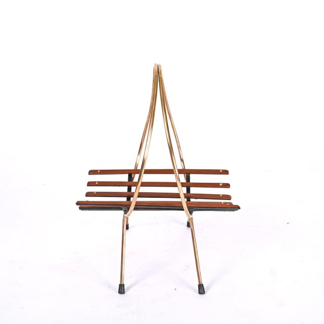 Mid-Century Italian Enameled Metal, Teak and Brass Magazine Rack, 1960s For Sale - Image 4 of 16