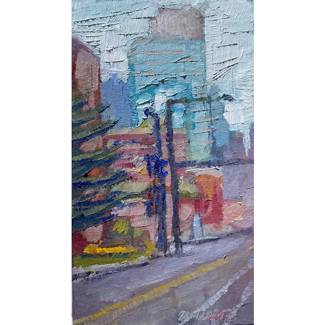 Snowy City Atmosphere by Delton Demarest | Oil on panel Cityscape with snow and buildings. For Sale