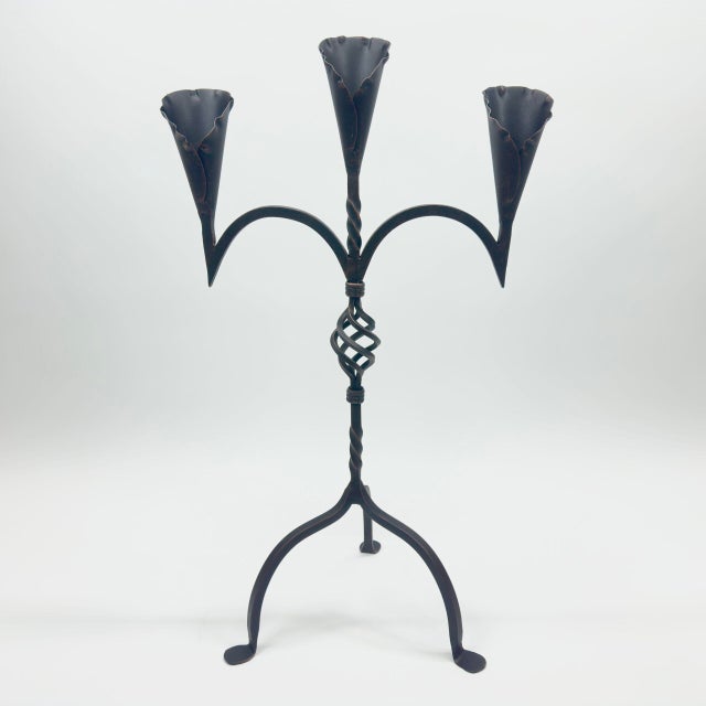 Hand Forged Iron Candelabra 27″ (68cm) Antique Copper Finish 3-Arm Wide Tulip Centerpiece Decor For Sale - Image 4 of 5
