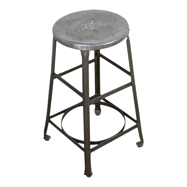 Early 20th Century American Industrial Factory Stool in Stripped Steel For Sale