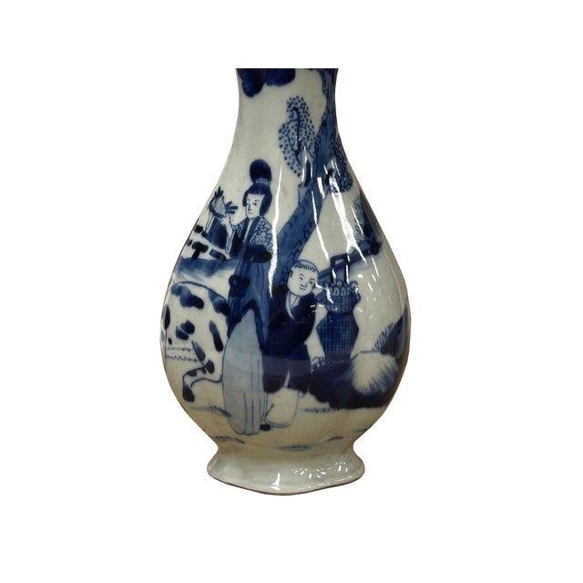 1980s Oriental Small Blue White Scenery Graphic Flower Shape Porcelain Art Vase For Sale - Image 5 of 10