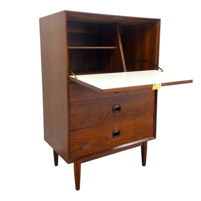 Vintage Mid Century Modern Walnut Credenza Dresser & Drop-Front Secretary Desk Set. For Sale - Image 11 of 12