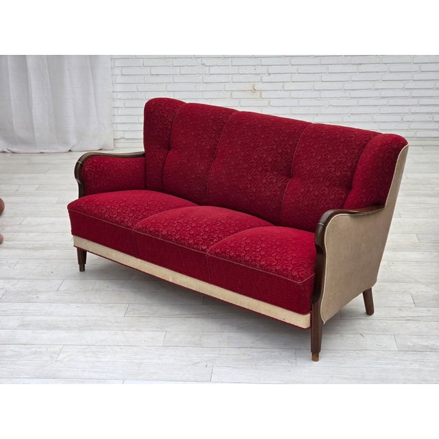 Danish 3-Seater Sofa in Red/Beige Furniture Wool, 1950s For Sale - Image 14 of 18